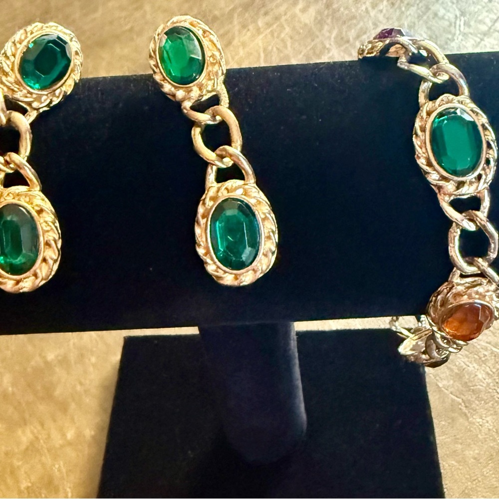 Elegant Gold and Green Costume Bracelet and Earrings Set